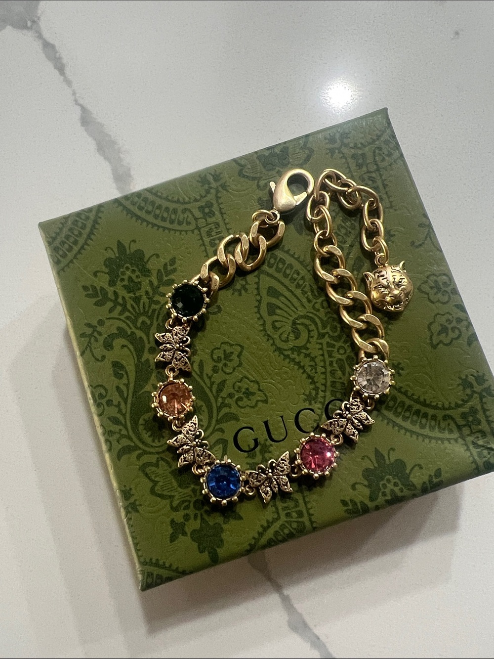 Gucci Gold-Tone Multicolor Crystal Bracelet with Bee Accents
